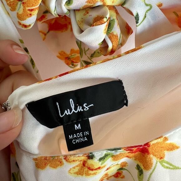 Lulu’s Day Date White and Orange Floral Print Tie-Back Dress - Size M - Picture 9 of 9